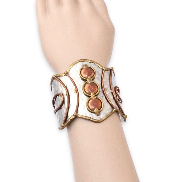 Brutalist Mixed Metal Cuff Bracelet Brass, Copper, Silver Tone Large Statement - Picture 2 of 4